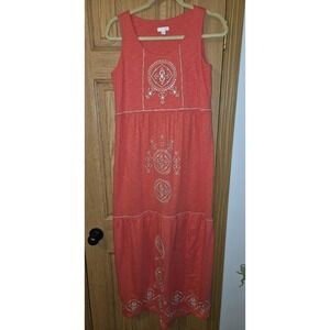 J. Jill Bohemian Coral Embroidered Tiered Maxi Dress - Cotton/Modal Size XS